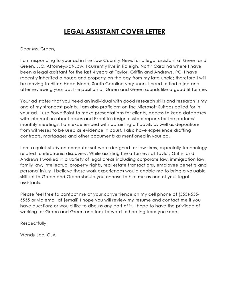 Creative Legal Assistant Cover Letter - Free Template