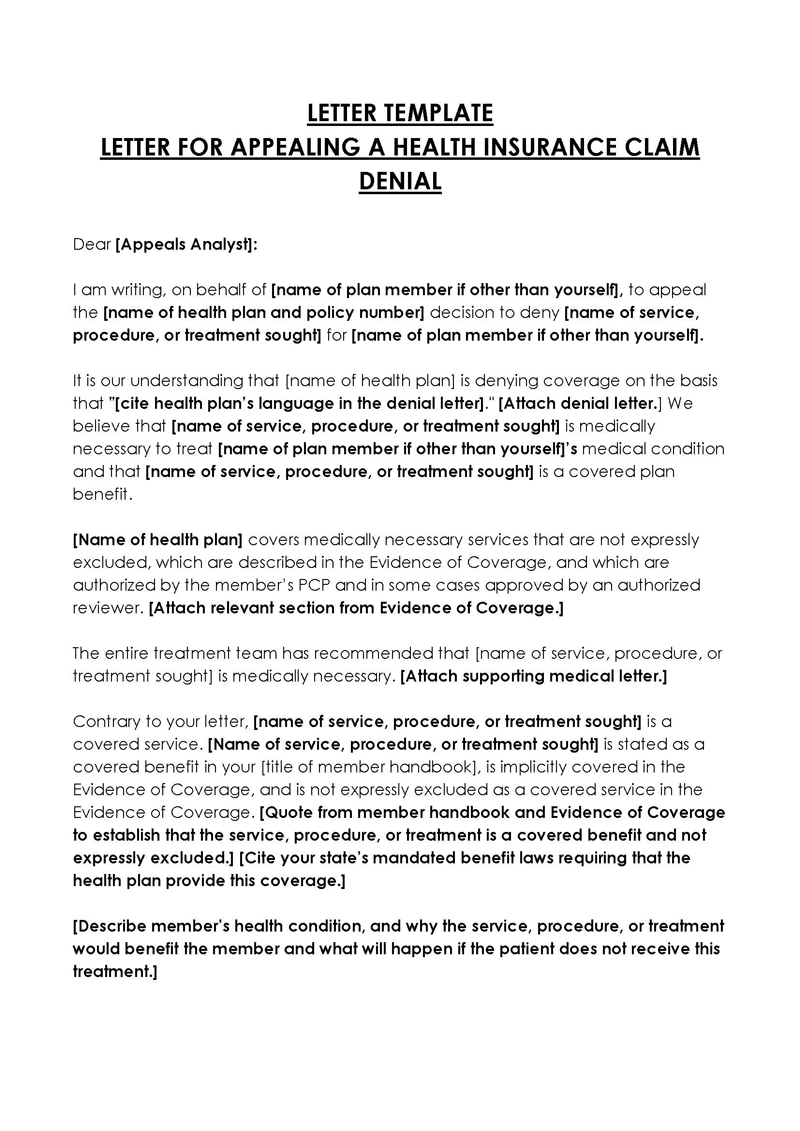 sample appeal letter for medical claim denial for no authorization