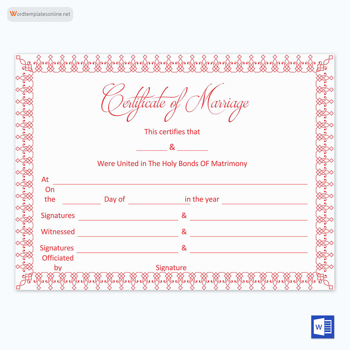 Editable Fake Marriage Certificate Template 09 for Word