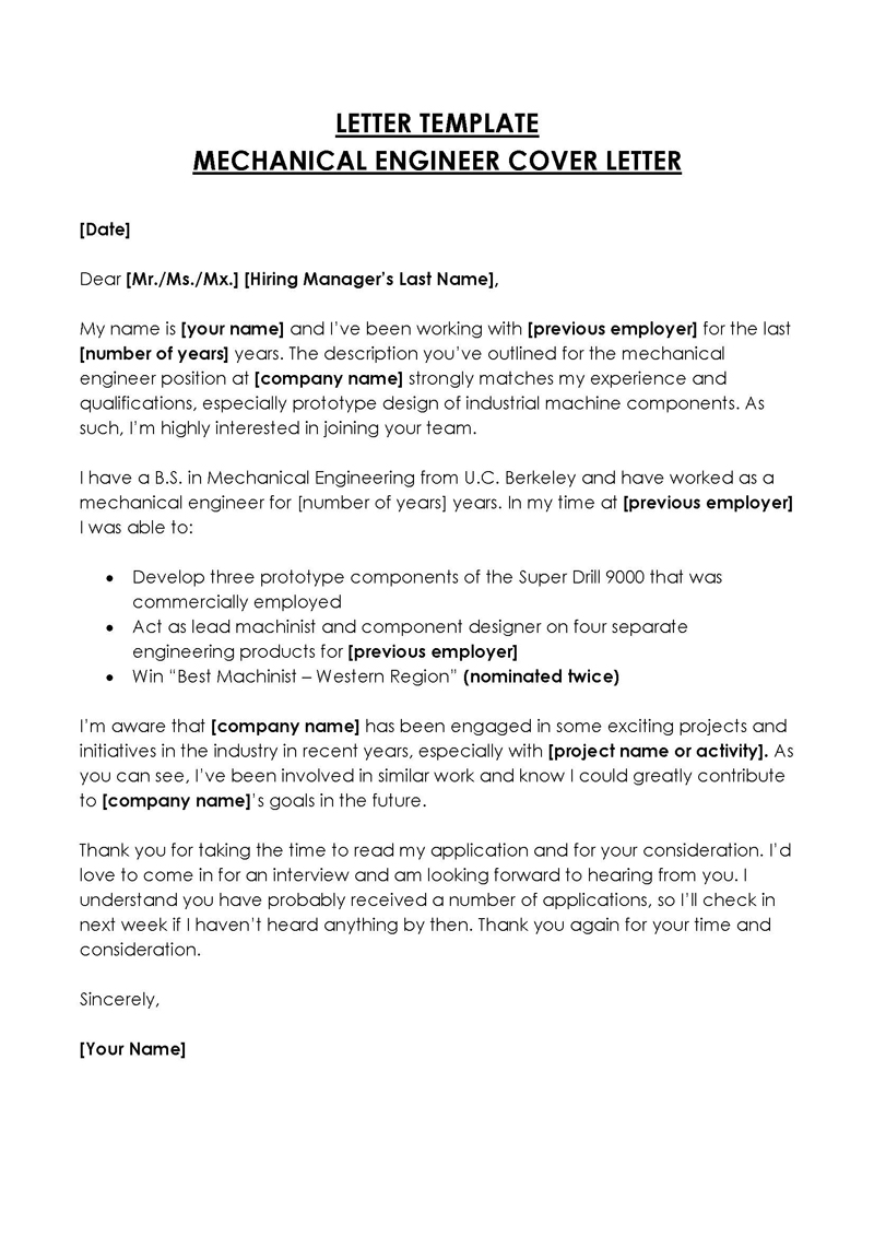cover letter for mechanical engineer with experience