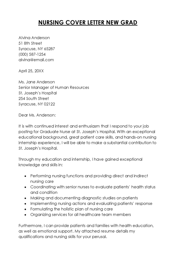 Great Downloadable New Grad RN Nursing Cover Letter Template 10 in Word Format