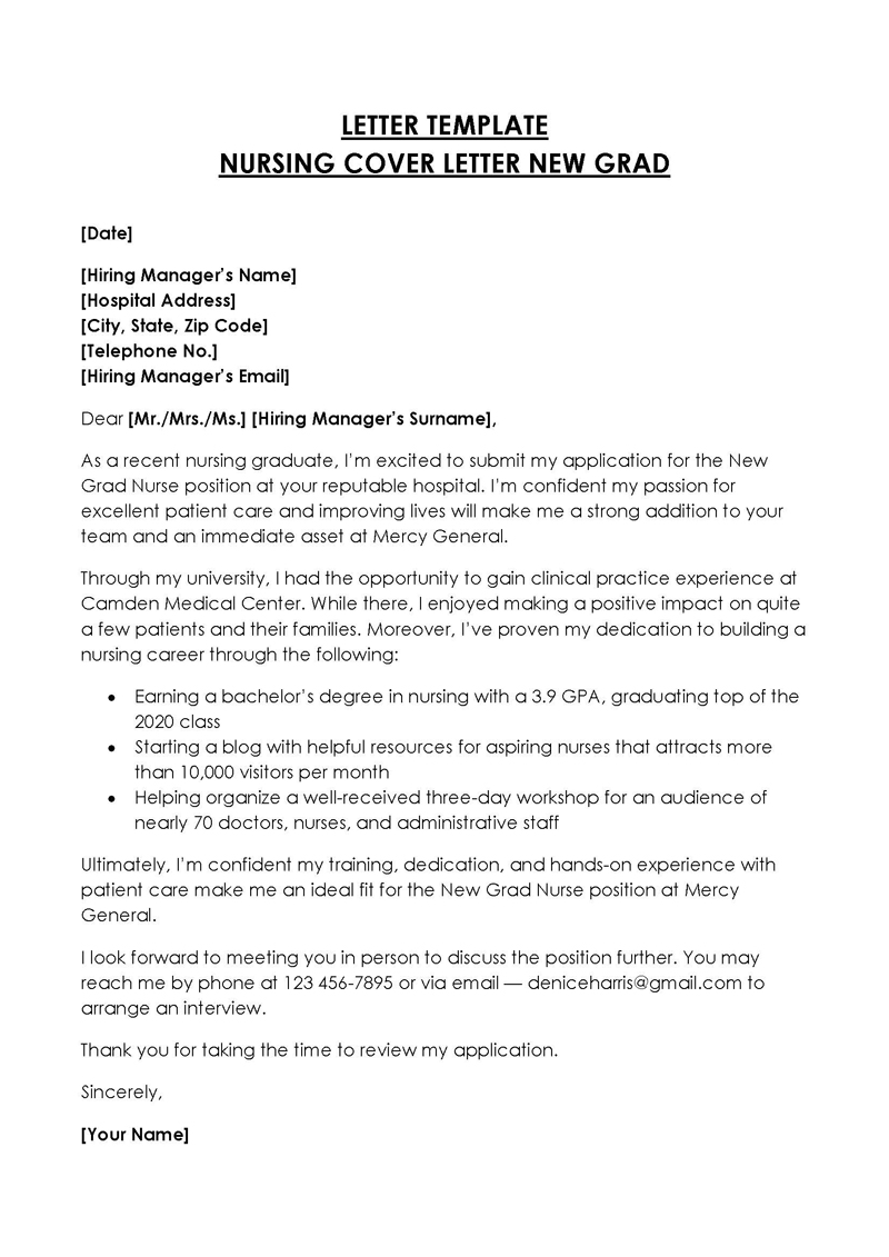 New Grad Nursing Cover Letter Example