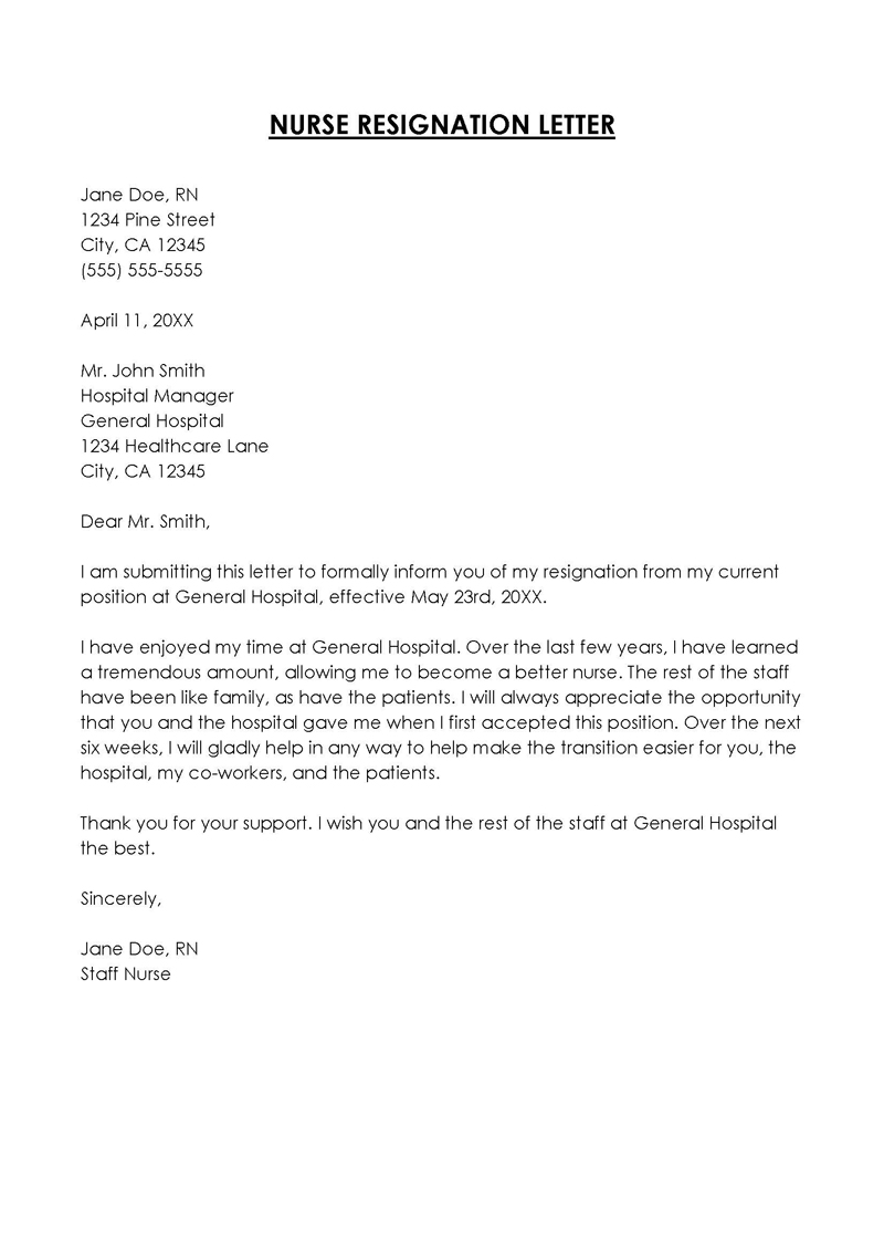 Great Customizable General Nurse Resignation Letter Sample 01 Word Document