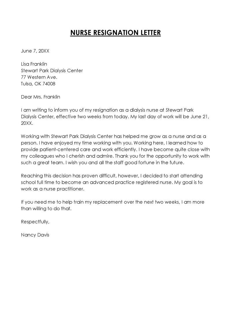 Professional Downloadable Dialysis Nurse Resignation Letter Sample for Word Format