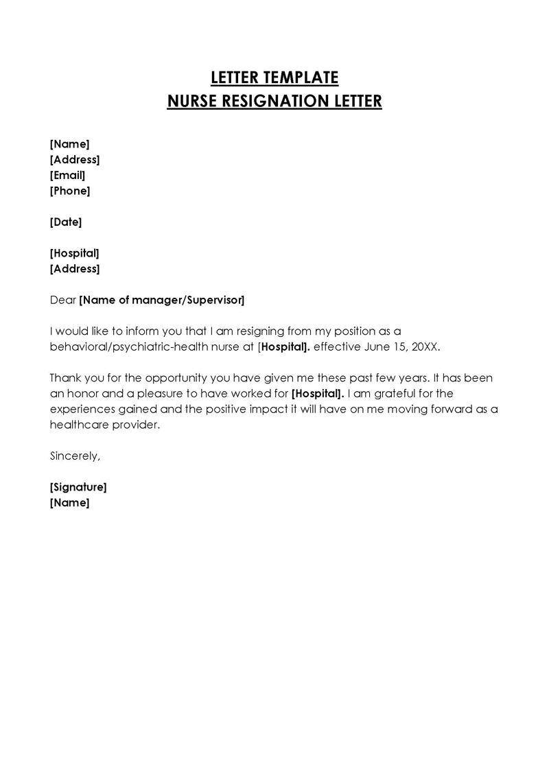 Printable Downloadable Psychiatric Health Nurse Resignation Letter Sample for Word Format