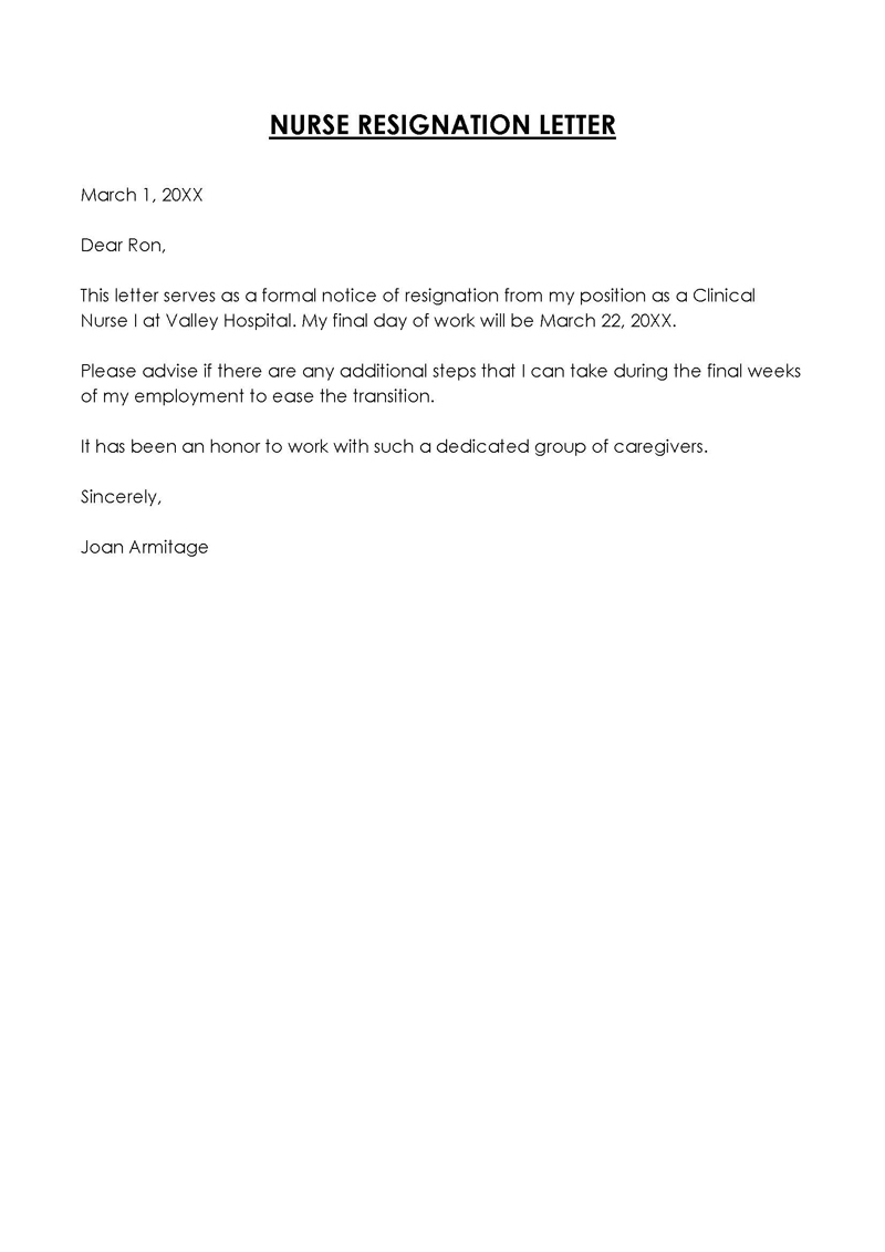 Professional Downloadable Clinical Nurse Resignation Letter Sample for Word Format