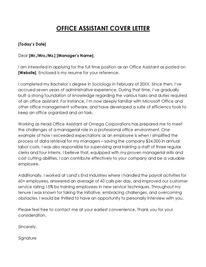 Office Assistant Cover Letter Example