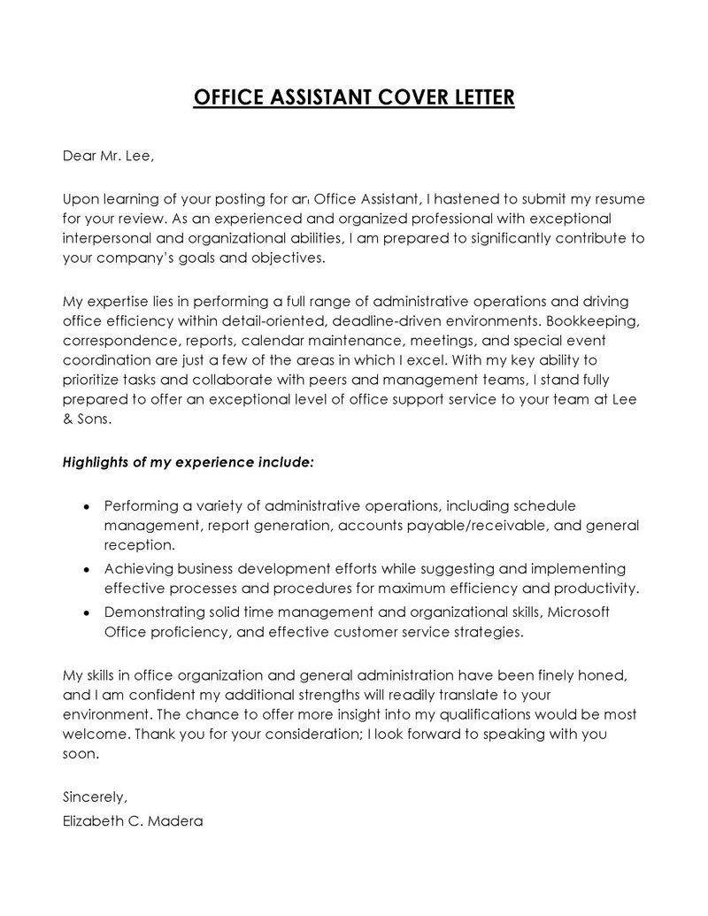 Editable Office Assistant Cover Letter Format