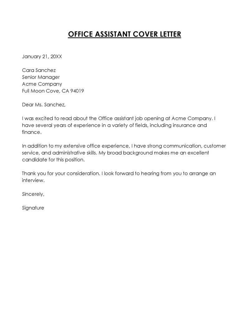 Printable Office Assistant Cover Letter Template