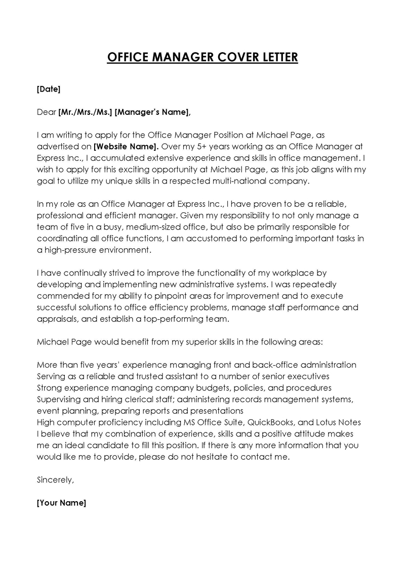 Office Manager Cover Letter Example