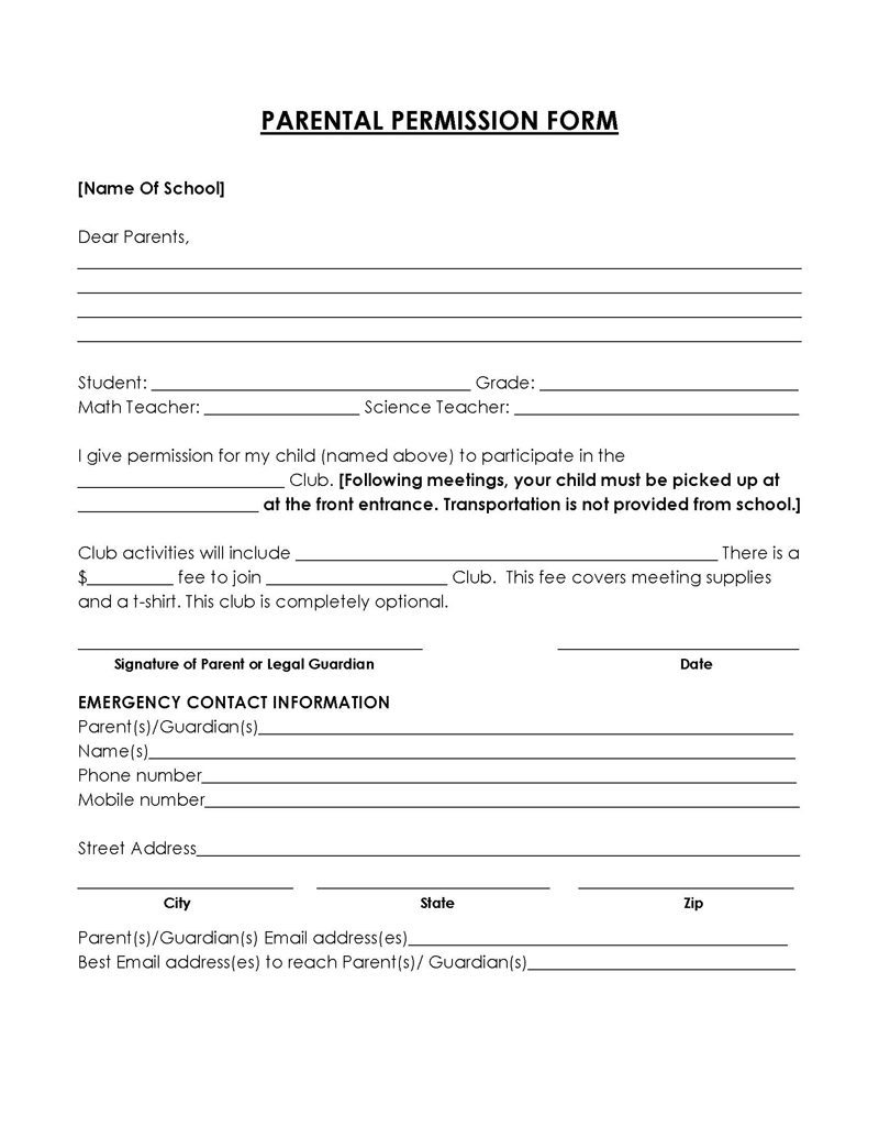 Example of a printable permission slip form