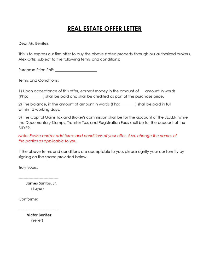 Editable Real Estate Offer Letter Example