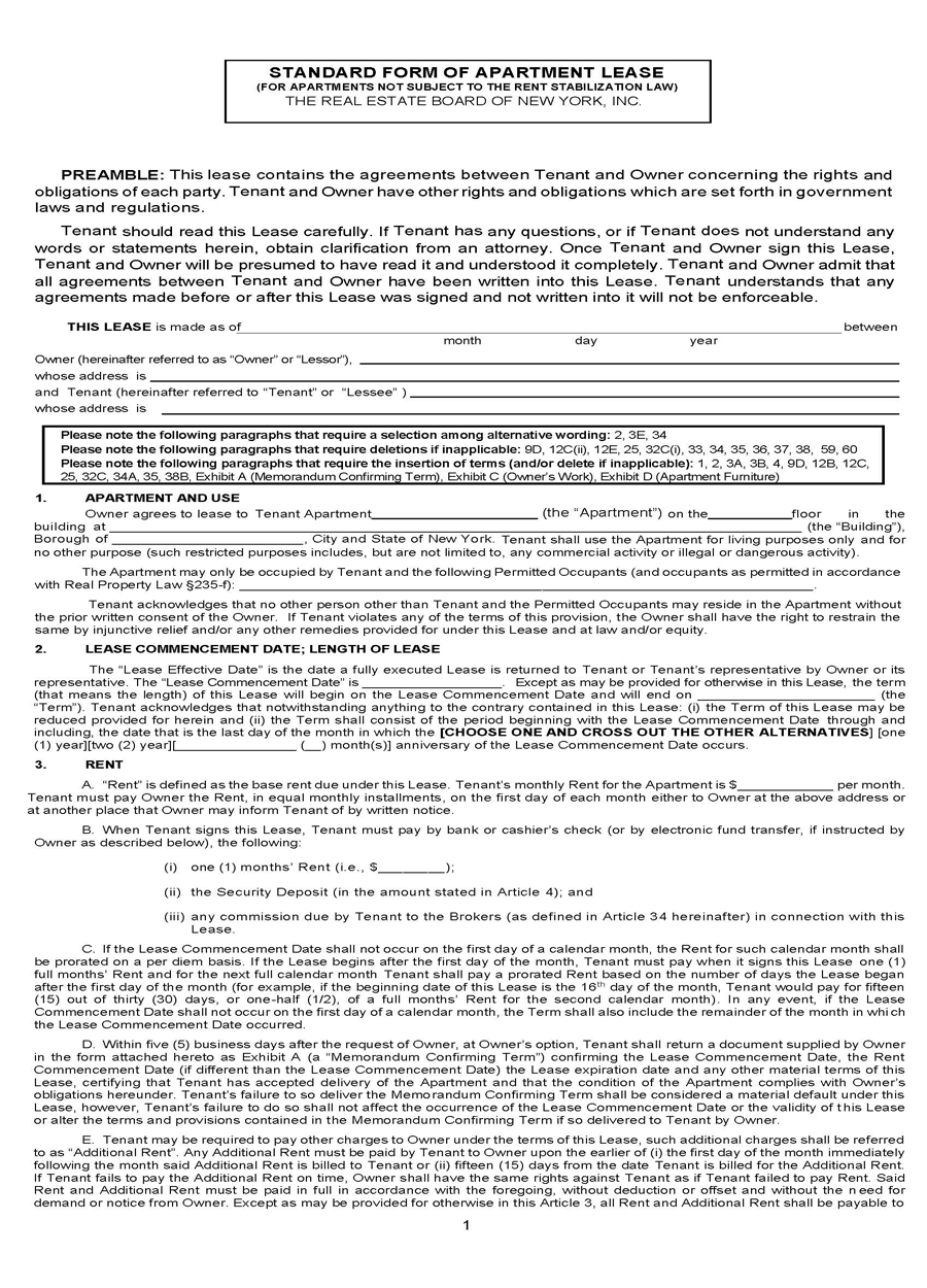 Real estate board of New York Lease Agreement