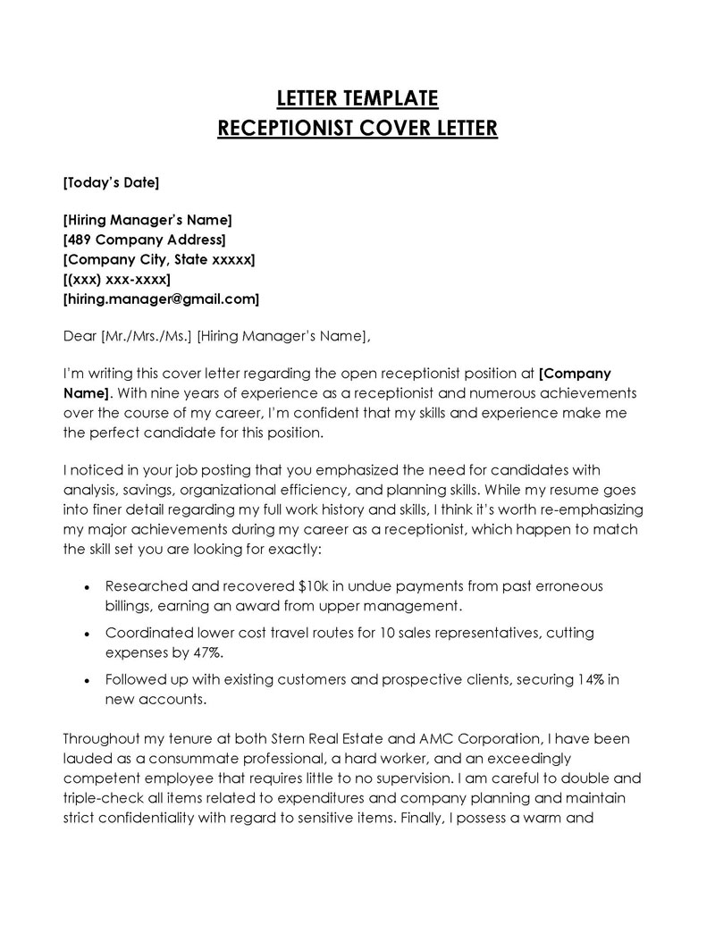 corporate receptionist cover letter