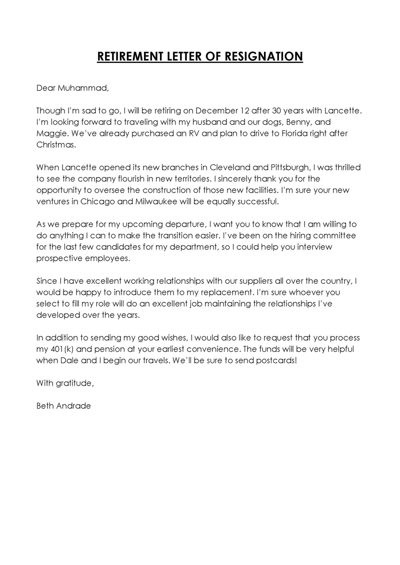 Editable Retirement Letter of Resignation Example