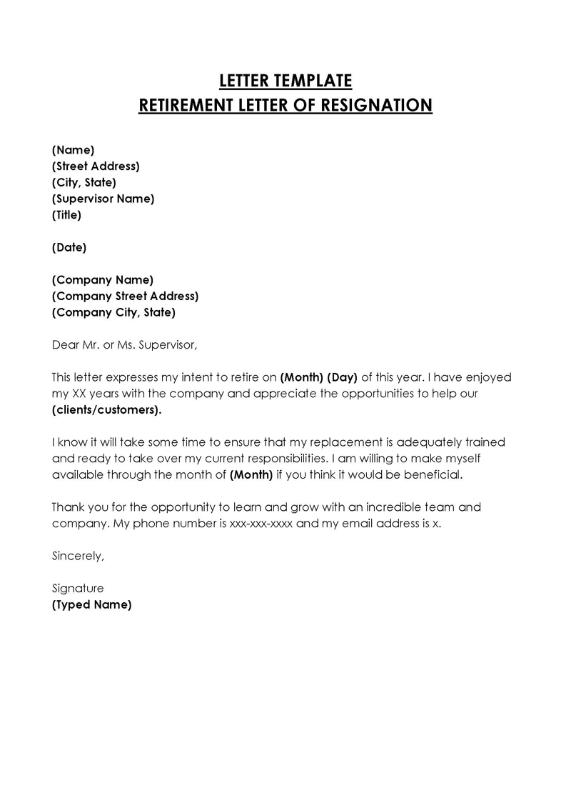 Printable Retirement Letter of Resignation Form