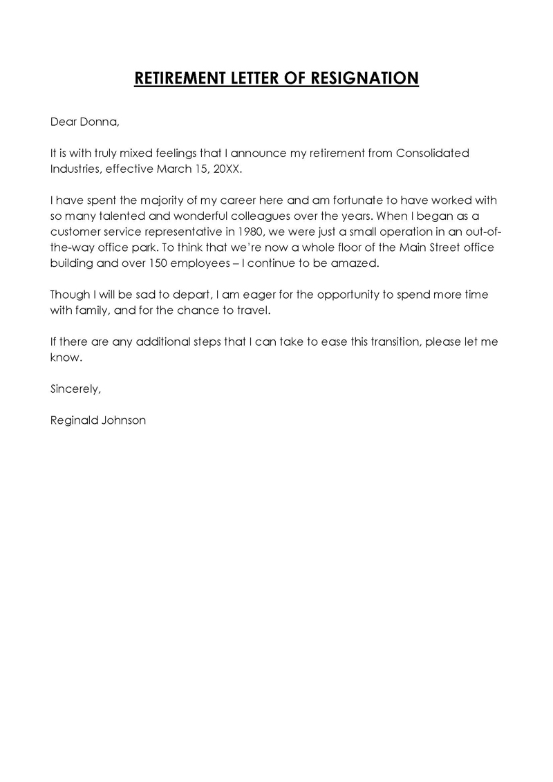 Great Editable Consolidated Industries Retirement Resignation Letter Sample for Word Document