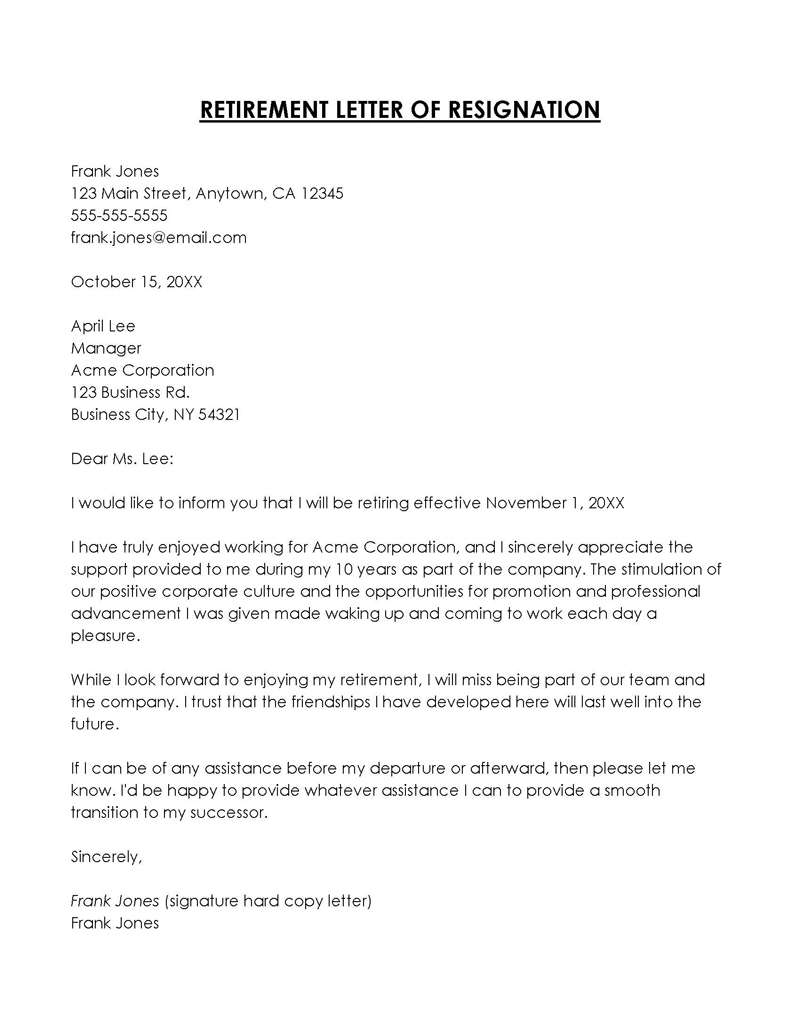 Great Editable Acme Corporation Retirement Resignation Letter Sample for Word Document