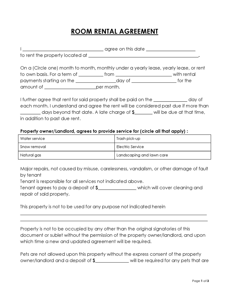Printable Room Rental Agreement Template 03 for Word Document
