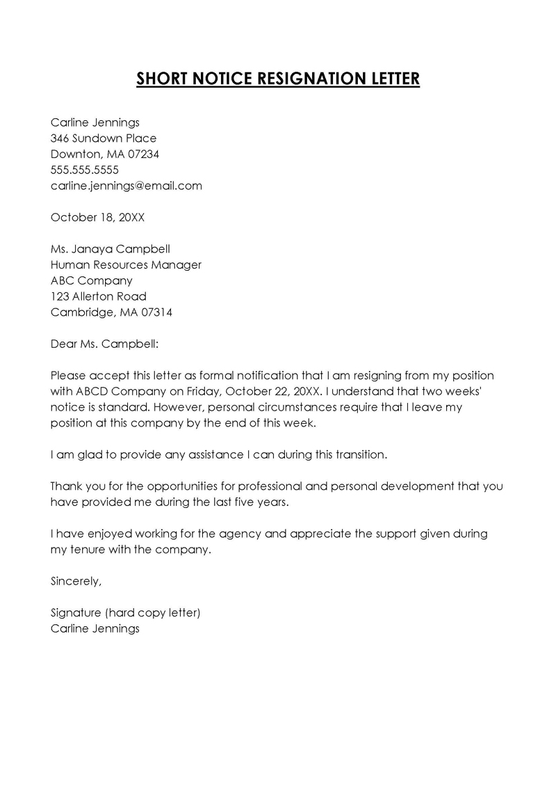 resignation letter short notice payment lieu