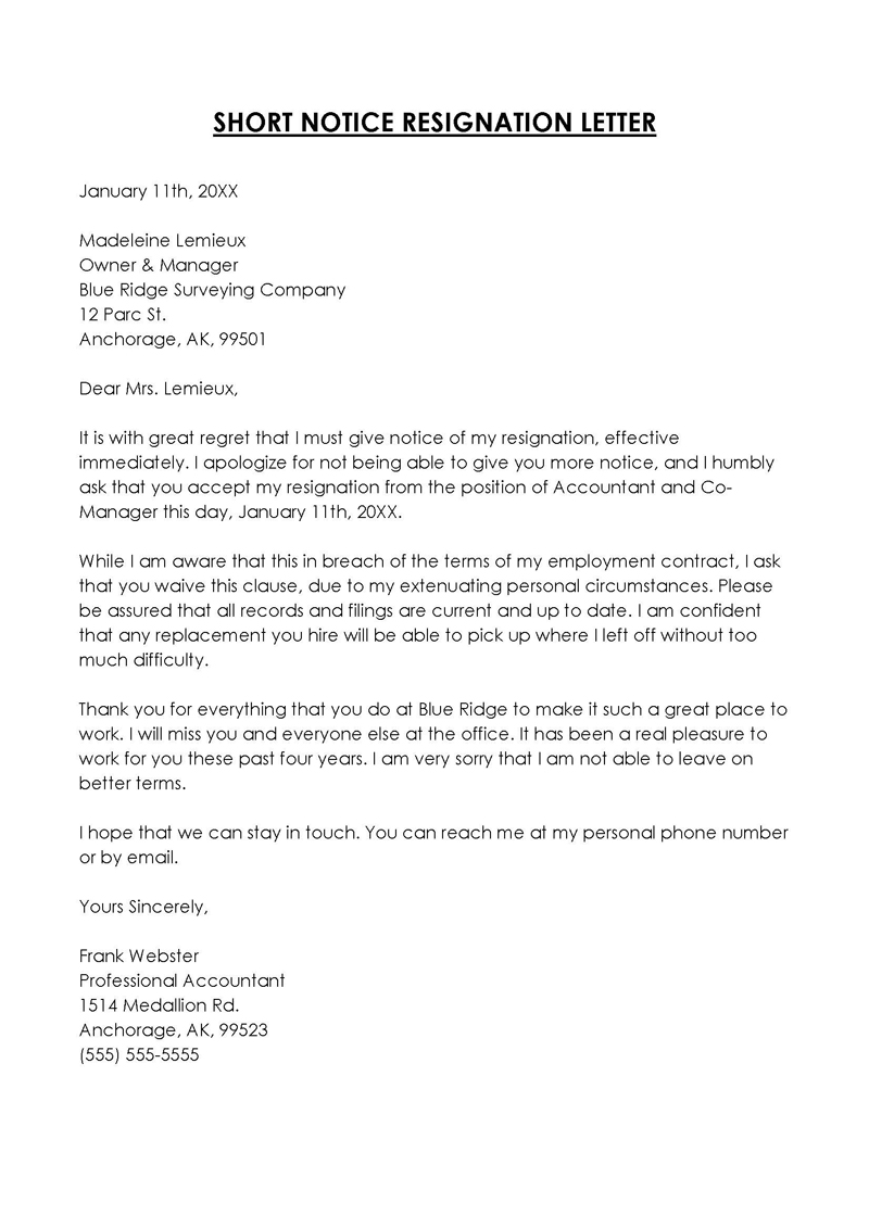 Short Notice Resignation Letter Word Template 06