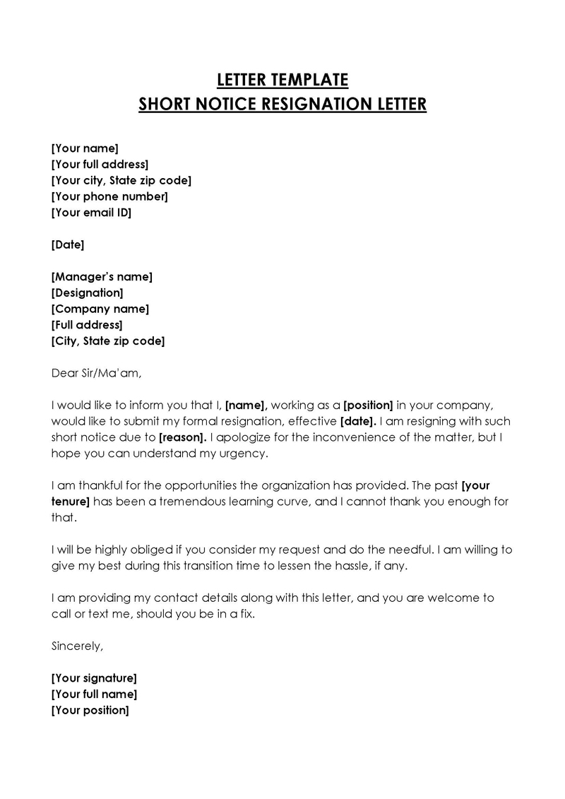 resignation letter short notice payment lieu