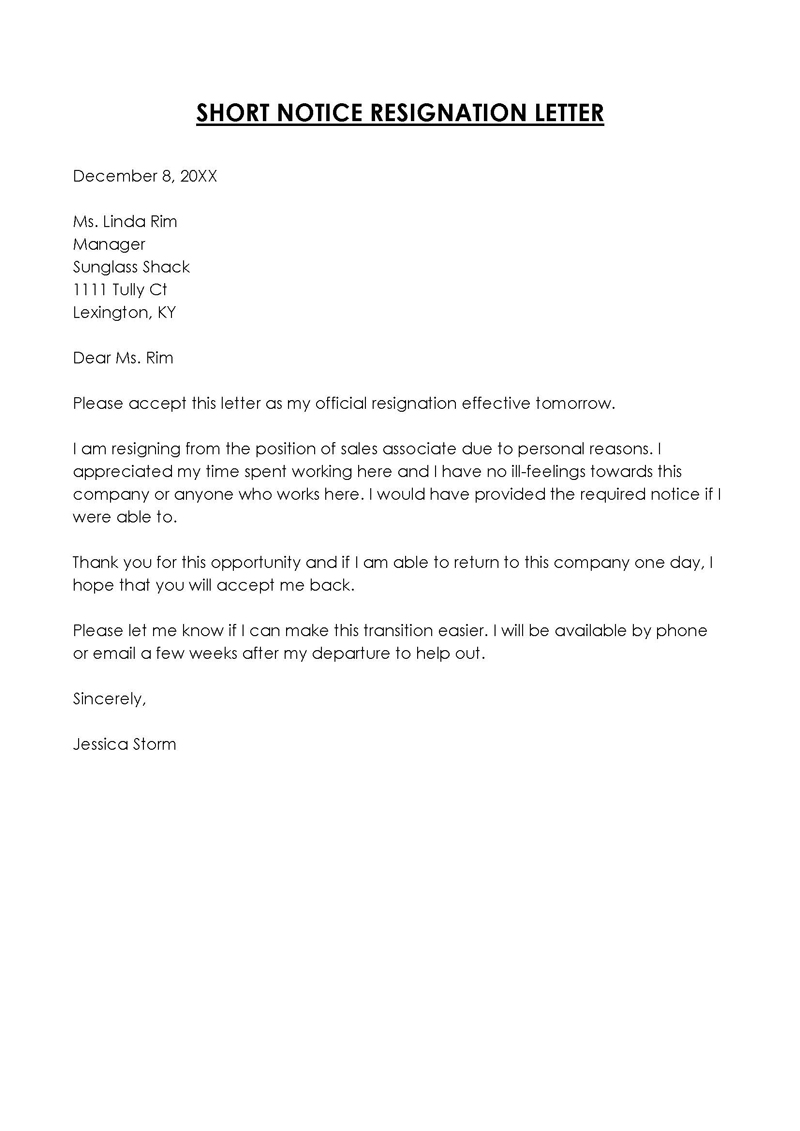 short notice resignation letter pdf