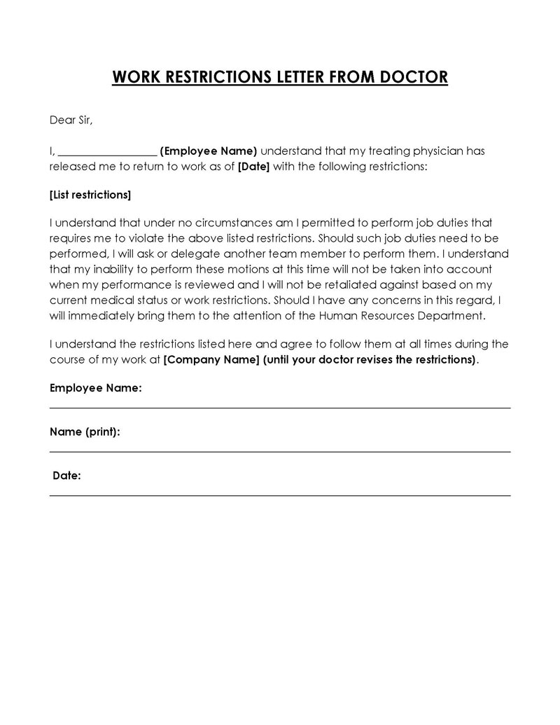 Great Downloadable Work Restrictions from Doctor Letter Template 04 for Word Document