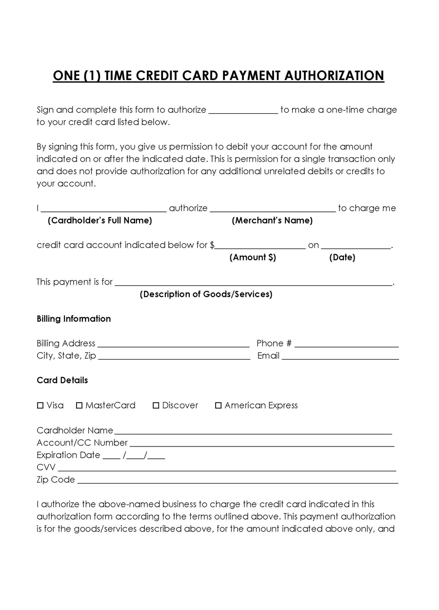 Free 1-time Credit Card Authorization Form Template