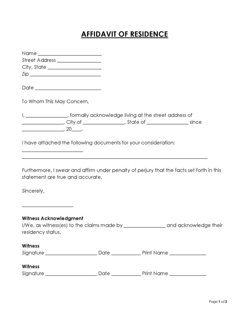 Free Professional Affidavit of Residence Template 04 for Word Document