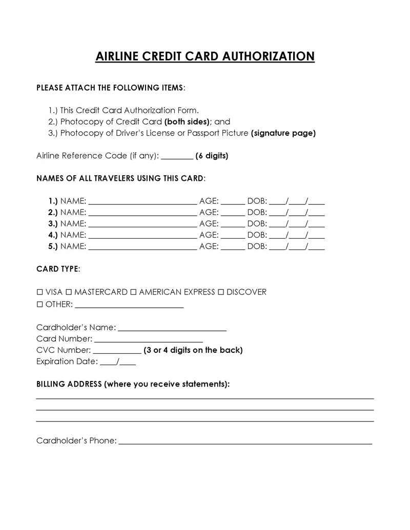 Free Airline credit card authorization Form Template