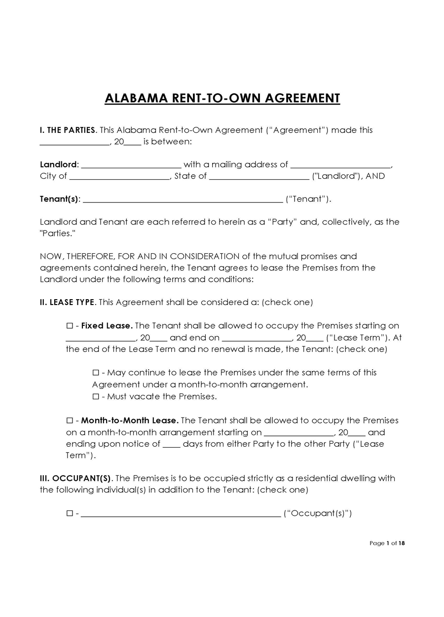 Free Alabama Rent-to-Own Lease Agreement Template for Word File