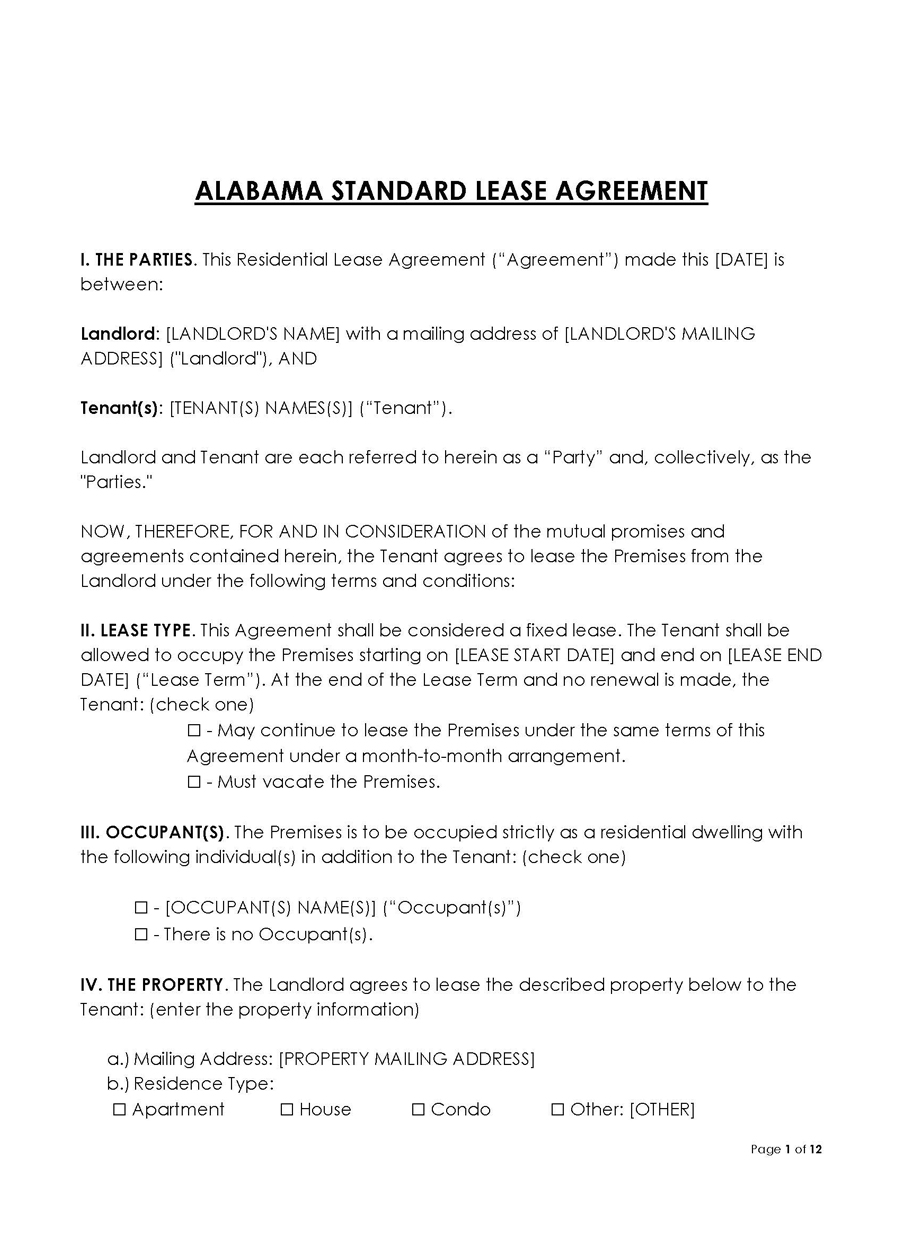 Alabama Standard lease agreement