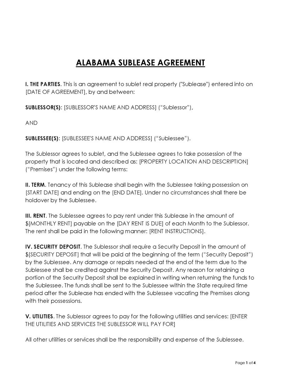 Alabama Sublease agreement
