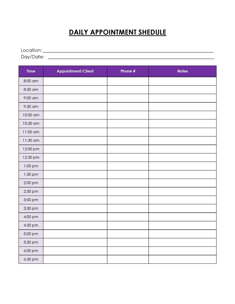 monthly appointment schedule template excel
