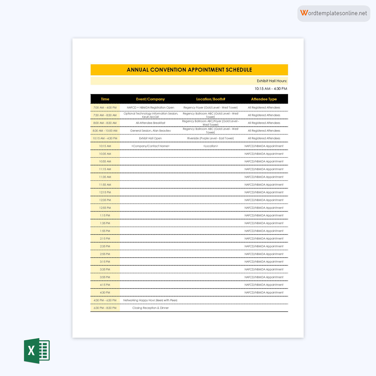 Free Printable Annual Convention Appointment Schedule Template as Excel Sheet