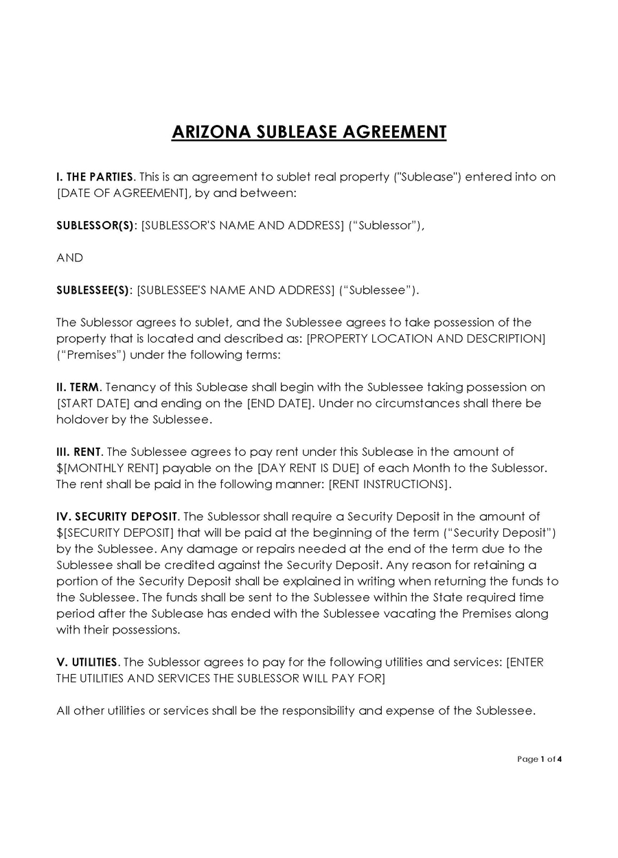 Arizona Sublease Agreement