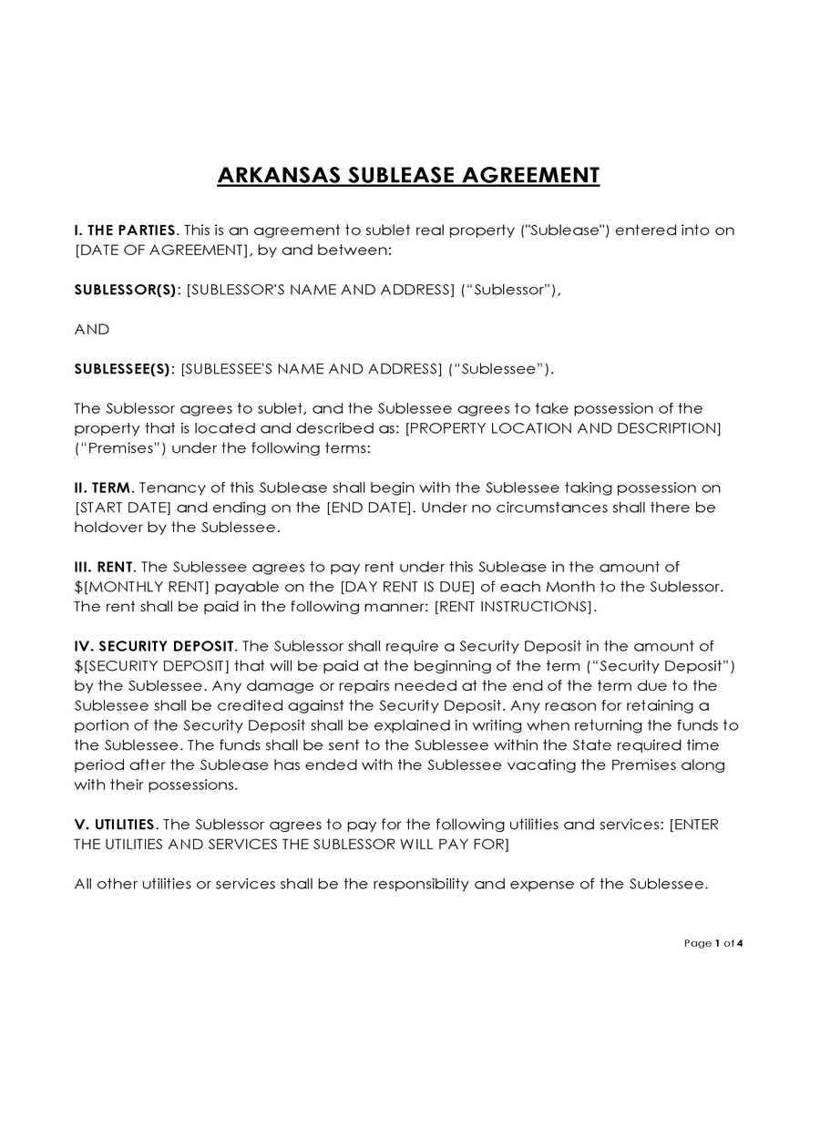 Arkansas Sublease Agreement
