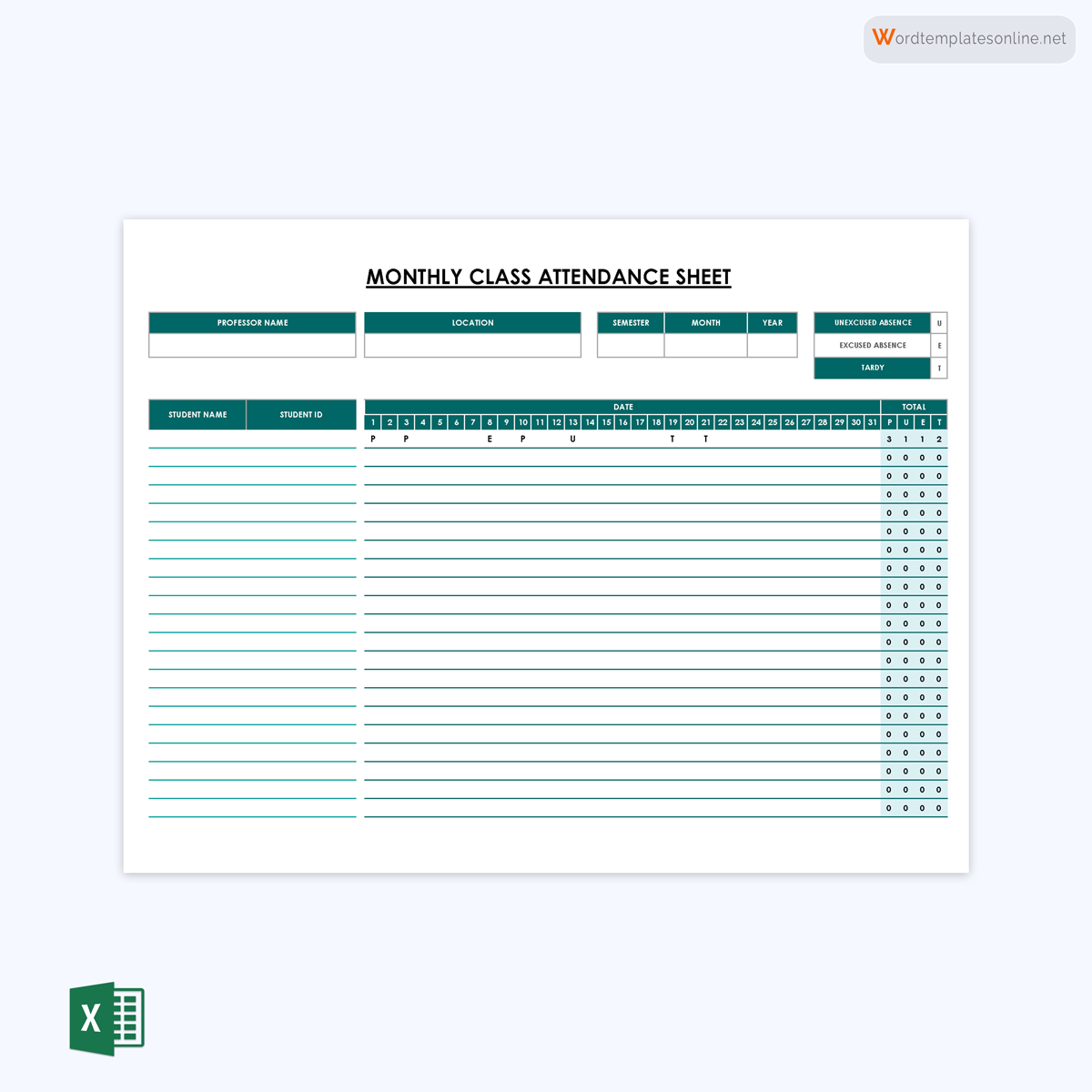 Attendance sheet template with editable fields