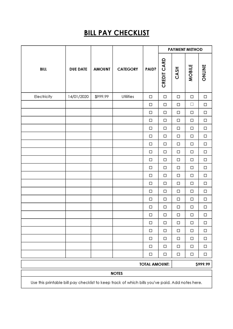 Free Printable Bill Payment Checklist 02 as Word File
