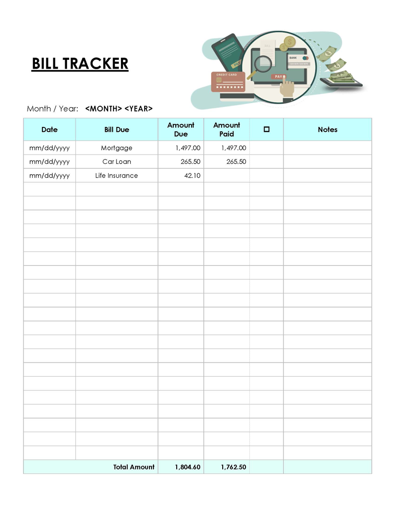 bill pay checklist excel