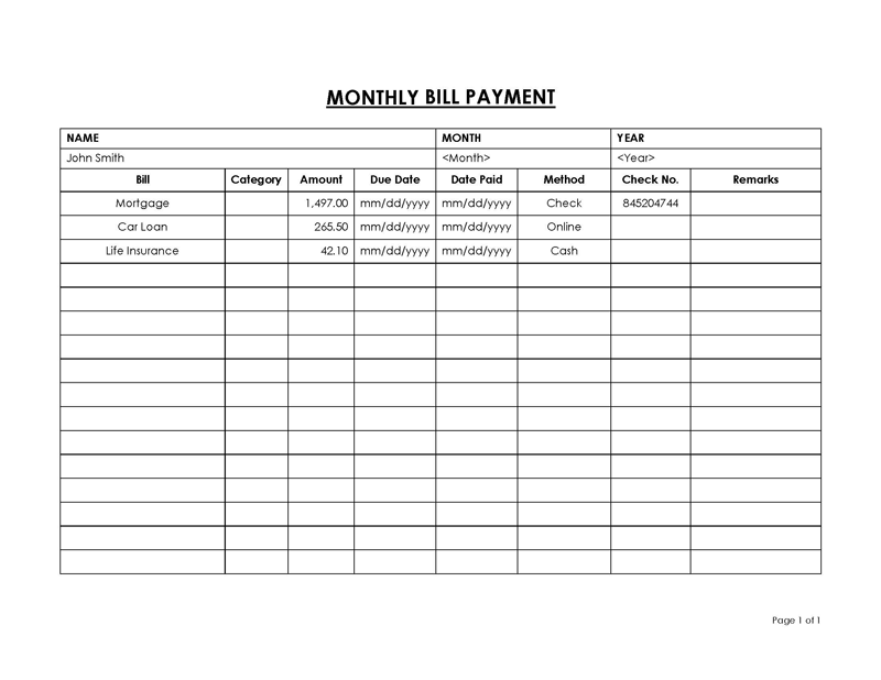 Free Printable Monthly Bill Payment Checklist 01 as Word File
