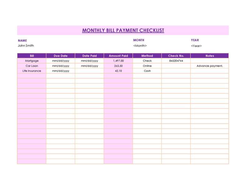 Great Printable Monthly Bill Payment Checklist 05 as Excel Sheet