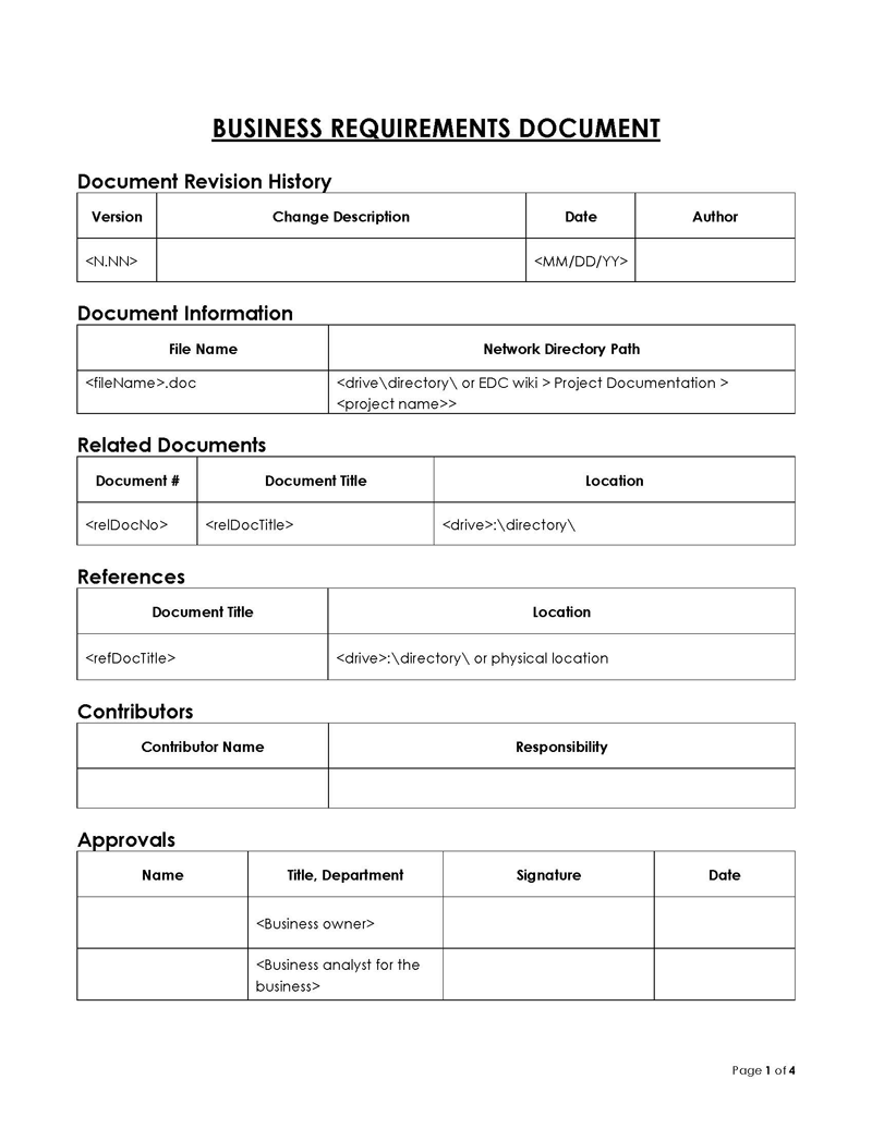 Free Downloadable Business Requirements Document Document Revision History Sample for Word Format