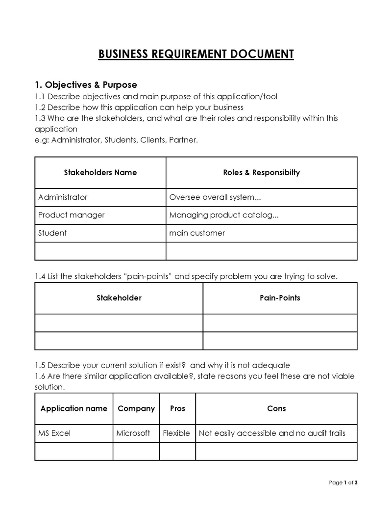 Free Downloadable Business Requirements Document Objectives and Purposes Sample for Word Format