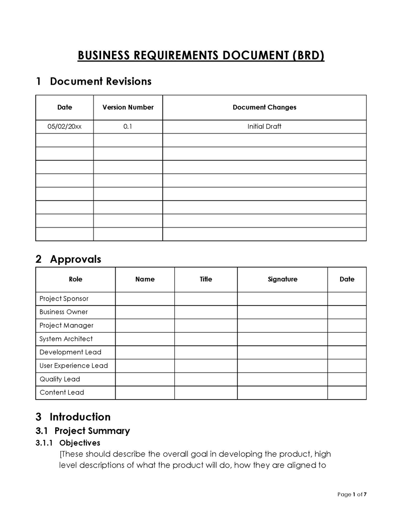 Great Printable Business Requirements Document Documents Revision Sample for Word Format