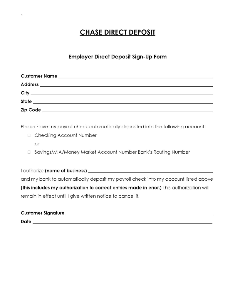 Free Editable Chase Direct Deposit Form for Word Document