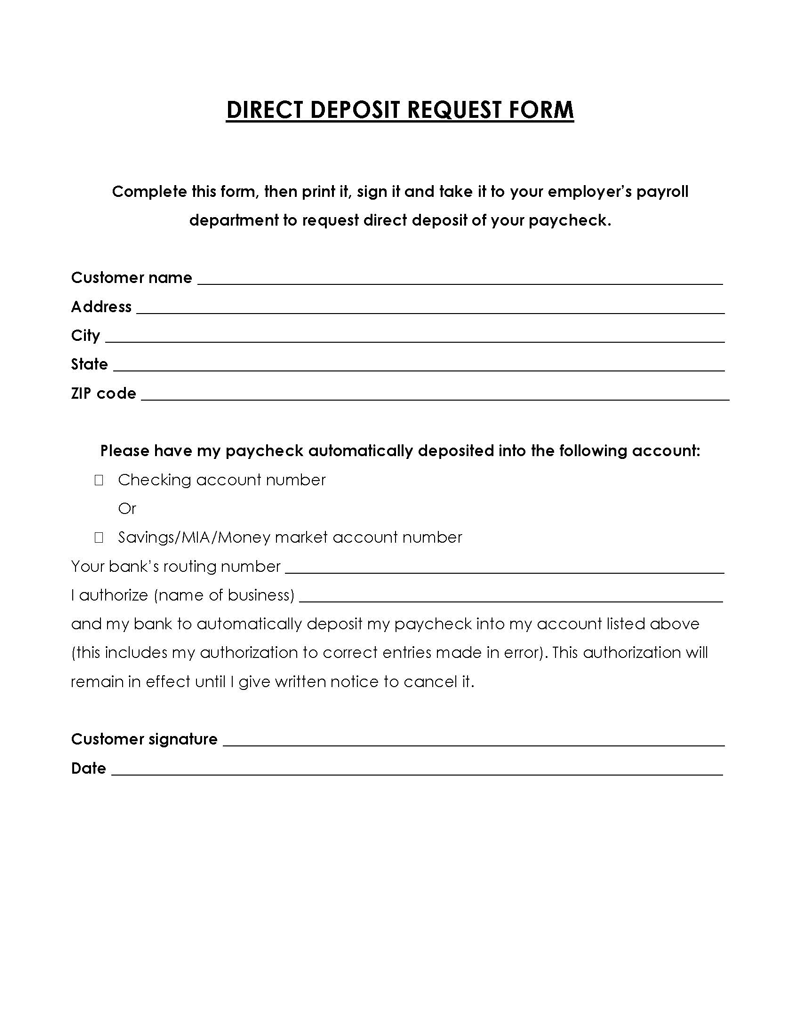 Free Editable Direct Deposit Request Form for Word Document