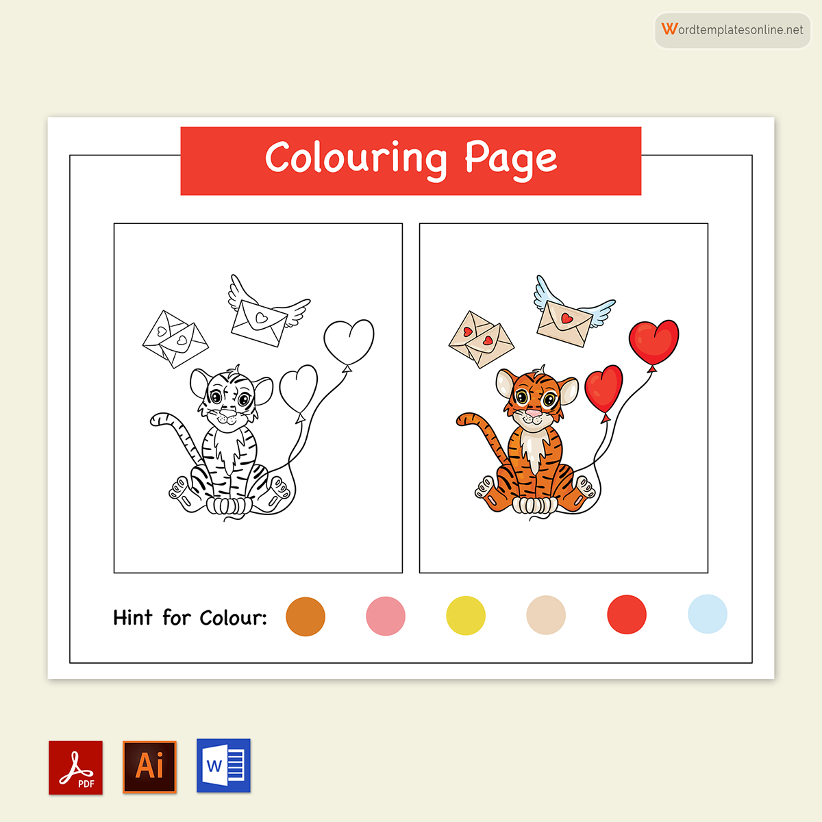 Great Printable Tiger with Balloons Coloring Page for Kids for Word and Adobe File