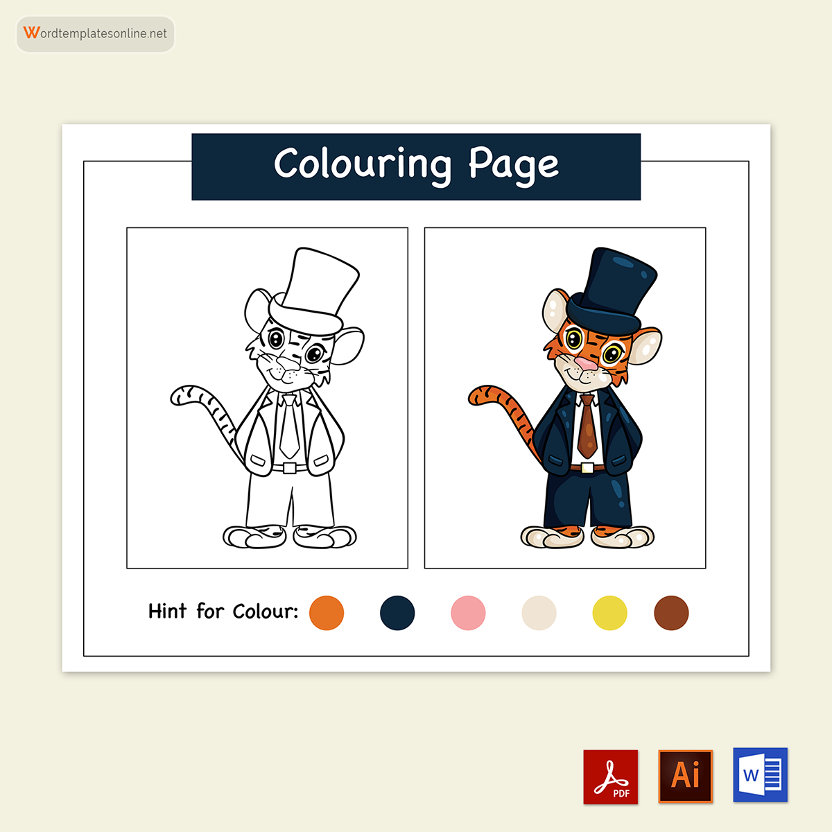Free Customizable Tiger in Suit Coloring Page for Kids for Word and Adobe File